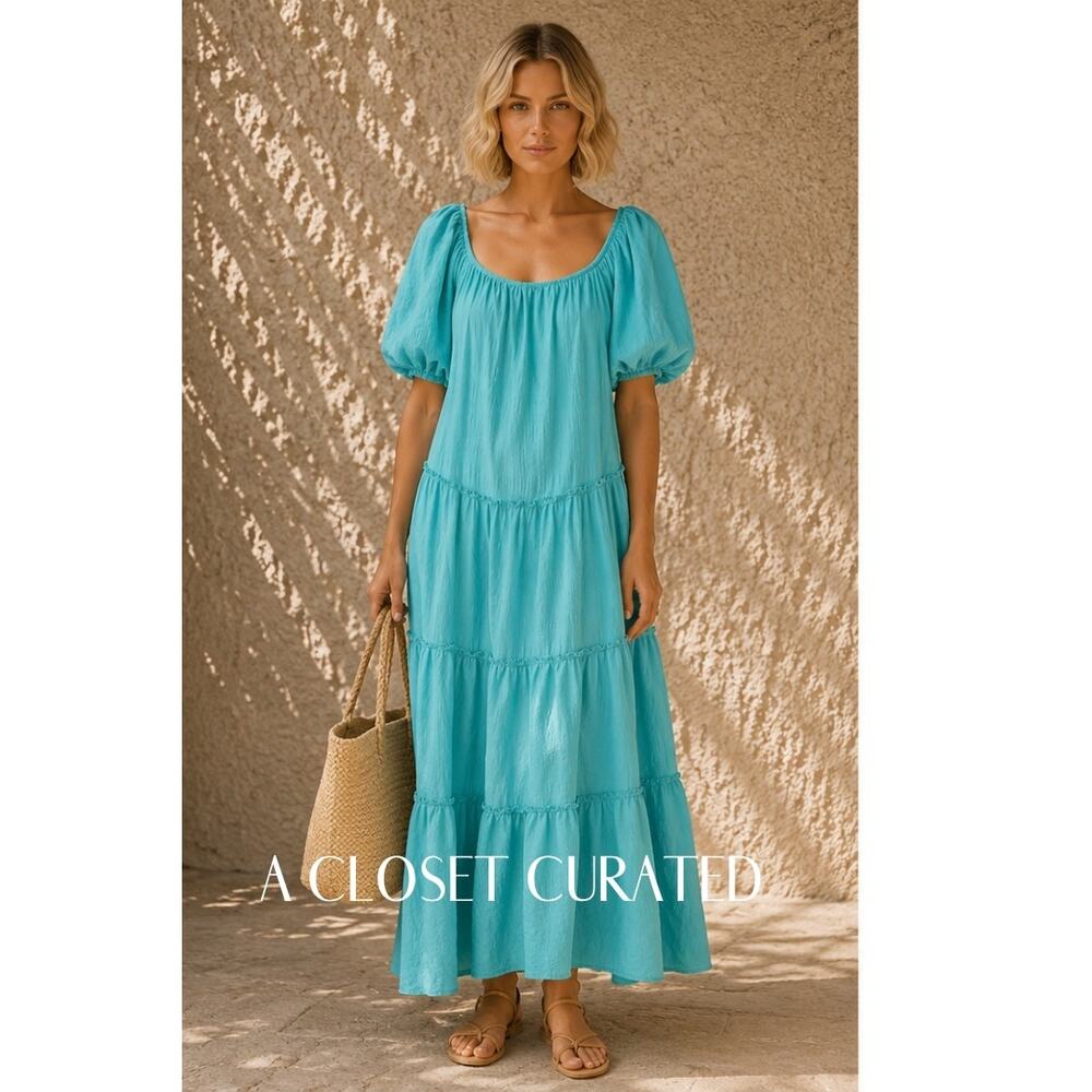 The Westside Puff Sleeve Maxi Dress Large Teal Blue NWT